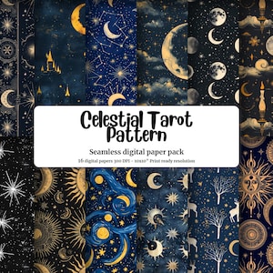 Vibrant Vintage Celestial Tarot Card Design Seamless Pattern Paper with La Luna Motif and Celestial Bodies for Nocturnal Enchantment, Magic