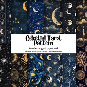 Vibrant Vintage Celestial Tarot Card Design Seamless Pattern Paper with La Luna Motif and Celestial Bodies for Nocturnal Enchantment, Magic