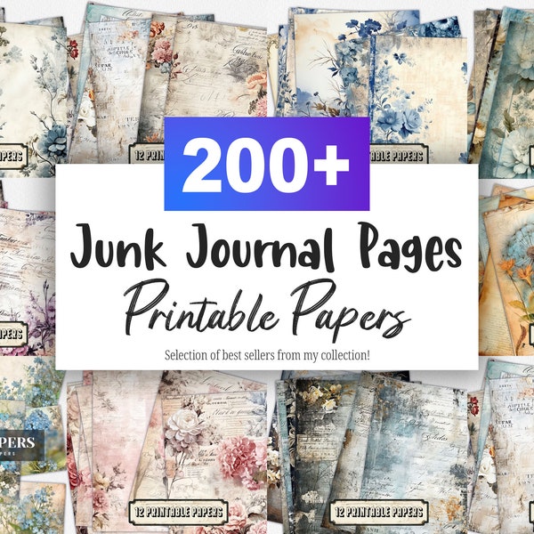 Junk Journal Seiten Super Bundle - Junk Journal Kit, Basic Papiere, druckbare Shabby Seiten, Rosenpapier Vintage, Collage Blatt, Scrapbook Papier