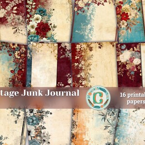 16 documenti / kit diario spazzatura shabby chic vintage, carta scrapbooking stampabile bordeaux oro pesca blu, effimeri floreali invecchiati