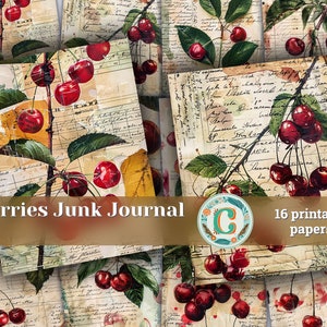 Ciliegie e lettere, carte per scrapbooking per diari spazzatura, inviti, kit per pagine stampabili Shabby Chic con disegni scritti a mano