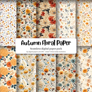Autumn Floral Seamless Pattern, Printable Digital Paper, Fall Backgrounds, Delicate Florals, Rustic Leaves, High Quality Design