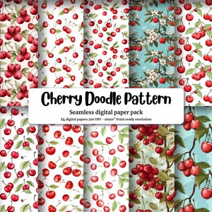 Doodle Style Cherry Clipart | Cute Watercolor Illustration | Seamless Texture | Big Elements | Light Background | High Quality