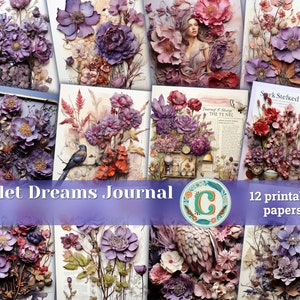 12 articles | Kit de scrapbooking sur le thème violettes - fond de journal indésirable complexe, illustration aquarelle de conte de fées, éphémères shabby chic
