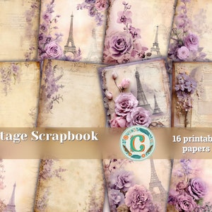 16 Papiere | Vintage Pergament-Flieder-Bronze-Papiere, zarte lila Orchideenblüten-Design, shabby chic-botanische Ephemera