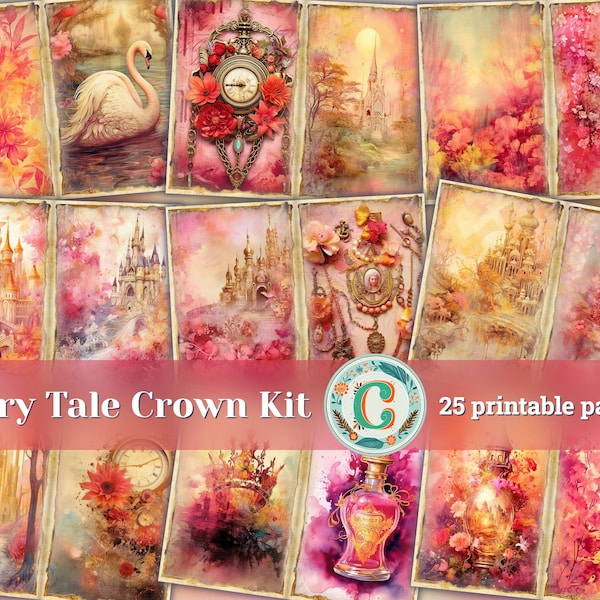 25 Papers | Nostalgic Fairy Tale Crown Scrapbooking Kit, Delicate Pastel Printable Pages, Romantic Soft Tonal Range Journaling Set