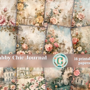 Papiery do scrapbookingu w stylu vintage shabby chic z wiktoriańskimi domami, różami i wzorami stokrotek - zestaw do drukowania dziennika śmieci i strony do dziennika