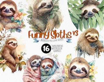 Adorable Watercolor Sloth Clipart Bundle for Crafts and Designs Vol 3 Instant Download Cute and Funny PNG Images, digital clipart watercolor