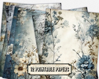 12 rustikale blaue Journal Seiten, Junk Journal Kit, Basic Papiere, Printable Shabby Seiten, Rosa Papier Vintage, Collage Seite, Scrapbook Papier, 30 Seiten zum Ausdrucken