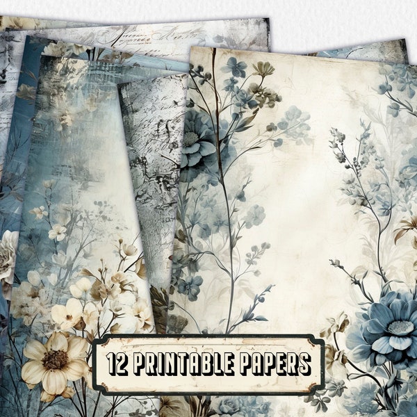 12 rustic blue Journal Pages, Junk Journal Kit, Basic Papers, Printable Shabby Pages,Rose Paper Vintage, Collage sheet,Scrapbook Paper