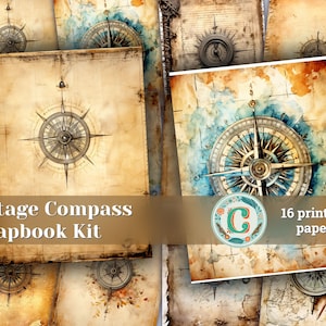 Carta da parati vintage per scrapbook con bellissimo bordo con motivo a bussola: acquerello, dettaglio elevato, clipart dipinta a mano per scrapbooking