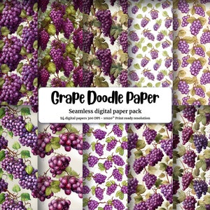 Digital Grape Clipart, Doodle Style Watercolor Illustration, Seamless Texture with Big Elements, Light Background, High Quality Design