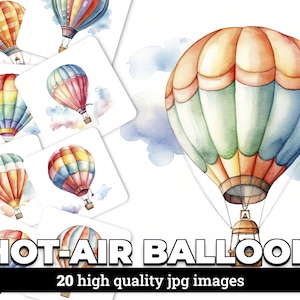 Set of 20 Watercolor Hot-Air Balloon Clipart Images with Commercial License for Digital Design, Scrapbooking, and Card Making