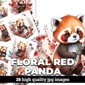 Panda rojo floral - 26 imágenes JPG de alta calidad - Descarga digital de uso comercial, Planificador digital, Diario, Acuarela, Arte de pared