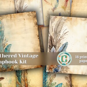 Papel de parede de álbum de recortes vintage com borda de penas | Stamperia Decoupage pintado à mão da aguarela Cartão Comemorativo | Alto detalhe | Coisas efêmeras chiques e surradas