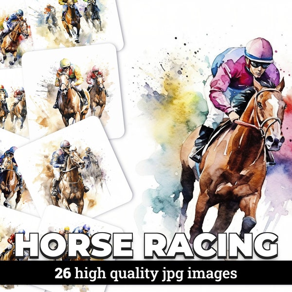 Watercolor Horse Racing Clipart - 26 JPG Images with Commercial License for Digital Download, Equestrian Illustrations, Instant Download.