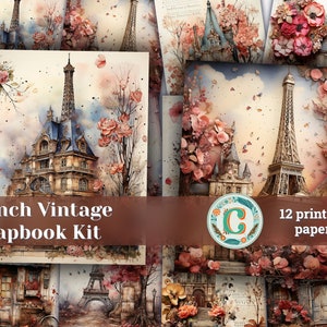 12 papers | Vintage French Themed Scrapbooking Kit | Printable Pages | Shabby Chic Ephemera | Fairy Tale Watercolor Illustrations