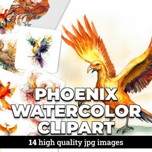 Phoenix Watercolor Clipart Images - 14 JPGs with Commercial License, Instant Download for Digital Art, Scrapbooking, Invitations, and More!