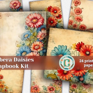 Carte per scrapbooking vintage con bordo bellissimo margherite gerbera, acquerello, molto dettagliato, dipinto a mano, oggetto effimero Shabby Chic