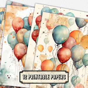 12 verjaardagsballonnen Journal Pages, Junk Journal Kit, Basic Papers, Printable Shabby Pages, Rose Paper Vintage, Collage sheet, Scrapbook Papier