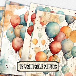 12 birthday balloons Journal Pages, Junk Journal Kit, Basic Papers, Printable Shabby Pages,Rose Paper Vintage, Collage sheet,Scrapbook Paper