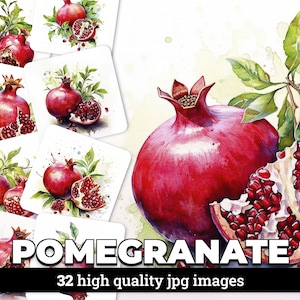 Conjunto de imágenes prediseñadas de granada de acuarela - 32 imágenes JPG con licencia comercial incluida para álbumes de recortes digitales, invitaciones, tarjetas y más