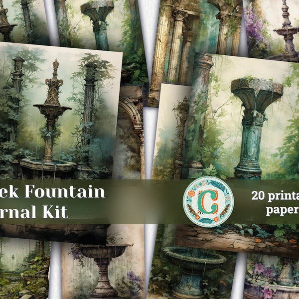 Vintage Elven Fountain Garden Scrapbooking Paper - Greek Inspired Design with Worn Border, Bronze Color, and Handwritten Typography