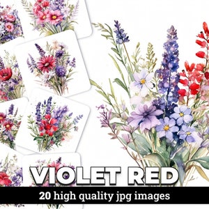 Wildflower Bouquet Viola e Rosso Acquerello Clipart con licenza commerciale - 20 immagini JPG per Scrapbooking, inviti e disegni
