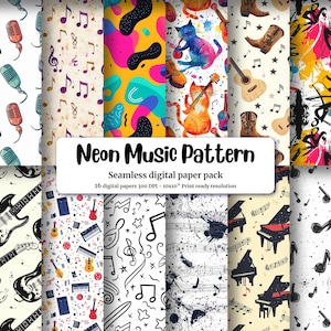 Vivid Music Theme Seamless Pattern with Neon Colors, Vinyl Records, Musical Instruments, Cartoon Microphones, Watercolor Cats Playing