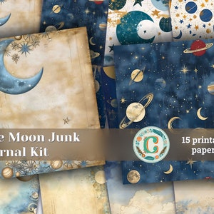 Blue Moon Stars and Planets Junk Journal Background - Scrapbooking Papers, Printable Pages, Shabby Chic Ephemera, Journaling Kit