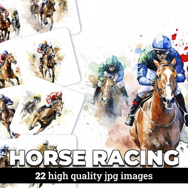 22 Watercolor Horse Racing Clipart Images with Commercial License for Digital Download - Equestrian Illustrations, Jockey, Derby, Racehorse