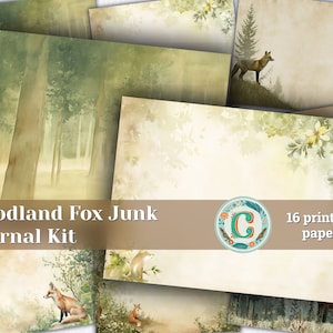Papiers de scrapbooking renard des bois - kit imprimable de journal indésirable avec éphémères shabby chic - journalisation et invitations - renard dans une forêt