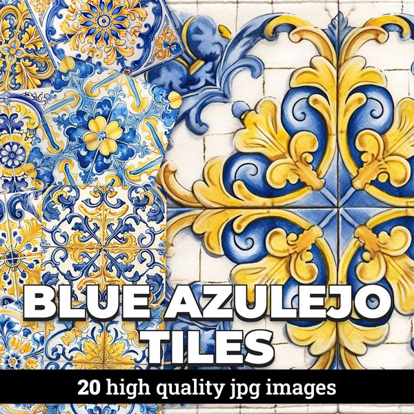 Blue and Yellow Azulejo Tiles Watercolor Clipart with Commercial License - 20 JPG Images for Scrapbooking, Invitations, and Designs