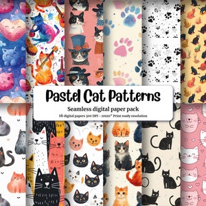 Seamless Cat Pattern Paper in Pastel Shades with Kittens, Puppies, and Hearts | Kawaii Cat Motif Watercolor Illustration for Wallpaper