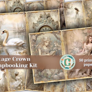 50 papers | Vintage Crown Scrapbooking Kit, Shabby Chic Printable Paper, Junk Journal Pages, Delicate Taupe and Cream Natural Linen