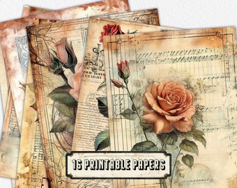 Vintage Rose Papiers numériques lignés - Scrapbooking, faire-parts, designs - Papeterie imprimable, pages de carnets, arrière-plans floraux