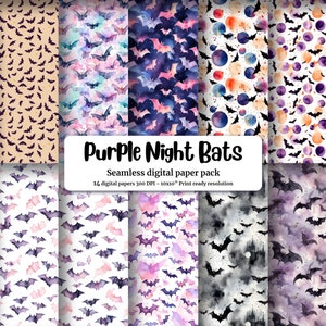 Dark Purple Foggy Night with Flying Bats | Watercolor Halloween Bats and Moons | Spooky Gothic Pattern | Pastel Goth Digital Paper