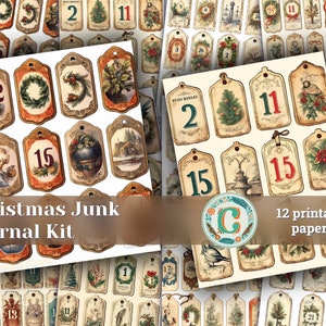 12 papers | Vintage Christmas Labels with Old English Numbers | Scrapbooking, Invitations, Journaling | Printable Pages, Shabby Chic