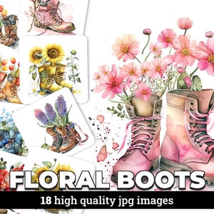 Floral Boots - 18 High Quality JPG images - Commercial Use Digital Download, Digital Planner, Journaling, Watercolor, Wall Art