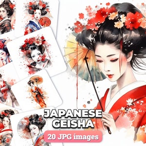Clipart de gueixa japonesa - 20 JPGs de alta qualidade - download digital - confecção de cartões, cartões e convites, artesanato em papel digital para scrapbooking anime