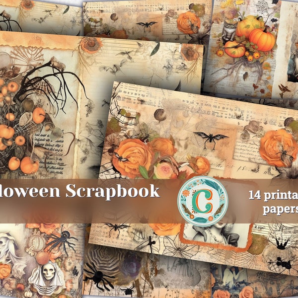 14 articles | Fond de journal indésirable sur le thème d'Halloween | Illustration aquarelle colorée de conte de fées | Éphémères shabby chic | Kit de scrapbooking