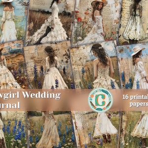 Cowgirl Braut Hochzeit Junk Journal Scrapbooking Kit, bedruckbare Seiten, Shabby Chic Ephemera Set mit Bluebonnets und Gänseblümchen, Sackleinen Texturen