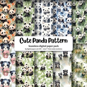 Watercolor Cute Pandas Digital Paper Set - Seamless Texture - Instant Download - Scrapbooking - Card Making - Printable Pattern - DIY Crafts