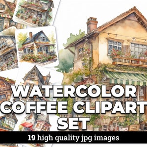 Conjunto de clipart de cafeteria em aquarela com 19 imagens JPG e licença comercial incluída - perfeito para logotipos de café, menus e designs de marca