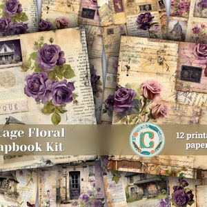 12 papierów | Zestaw do scrapbookingu Vintage Cottage Floral | Strony do druku dziennika Shabby Chic Junk | Wzory pisma francuskiego i znaczków pocztowych
