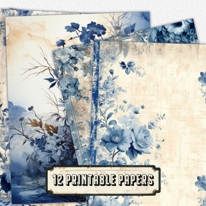 12 Blaue linierte Seiten, Junk Journal Kit, Basic Papiere, bedruckbare Shabby Seiten, rosa Papier Vintage, Collagesheet, Scrapbook Papier