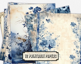 12 Blue Blank Linierte Journal Seiten, Junk Journal Kit, Basic Papiere, druckbare Shabby Seiten, Rosenpapier Vintage, Collage Blatt, Scrapbook Papier