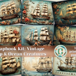 12 papers | Vintage Retro World Map Scrapbooking Kit | Ocean Creatures Illustrated | Shabby Chic Ephemera | Perfect for Invitations