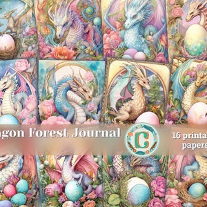 Pagina del diario spazzatura del drago, fiori selvatici della foresta incantata fantasy, uova di drago, disegno da favola ad acquerello, dettagliato e nitido, vecchia carta di riso