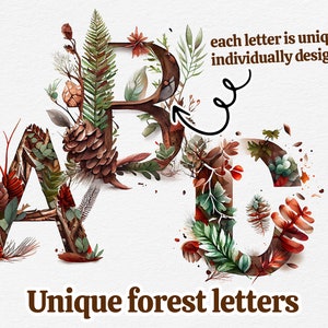 Bosque Madera y floral Alfabeto Número comercial Acuarela floral Imágenes prediseñadas invitación de boda png letras logotipo símbolo fuente monograma